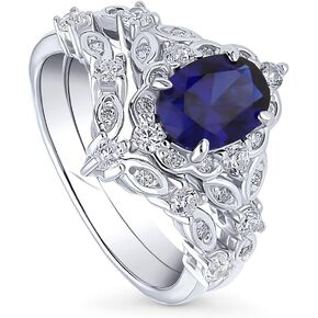BERRICLE Sterling Silver Chevron Wedding Engagement Rings Simulated Blue Sapphire Cubic Zirconia CZ Halo Ring Set for Women, Rhodium Plated Size 4-10