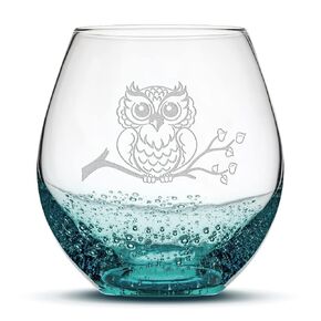 Integrity Bottles Resting Owl Design Stemless Wine Glass, Handmade, Handblown, Hand Etched Gifts, Sand Carved, 18oz (Bubble Teal)