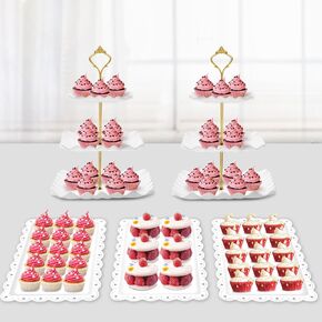 5 Pcs Dessert Table Display Set - 2 X Cupcake Stand Holder/Cup Cake Tier Tower & 3 X Serving Tray Combo for Tea Party, Birthday, Baby Shower (Wave Square)