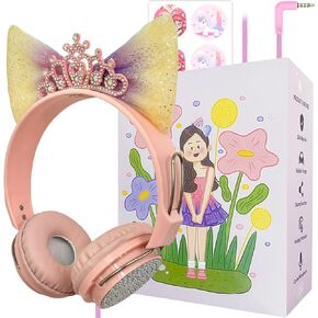 Priness Wired Kids Headphones with Mic for School/Travel,95dB Volume Limited,Shareport,On/Over Ear Bow Headsets with Nylon Cable-LOVEPink (Rose)