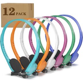 School Headphones 12 Pack Multi Colors, Bulk Wired Disposable Kids Headphones for Classroom Students Individual Package
