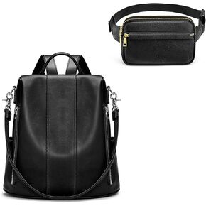 S-ZONE Genuine Leather Backpack Purse Bundle with RFID Blocking Fanny Packs Belt Bag