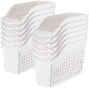 24 Packs Large Book Bins with Wheels Plastic File and Binder Holders White Hollowed Magazine Books Storage Organizers for Home Classroom School Office Supplies