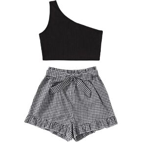 SOLY HUX Women's Summer Short Outfit One Shoulder Tank Top and Belted Plaid Print Shorts Going Out Set