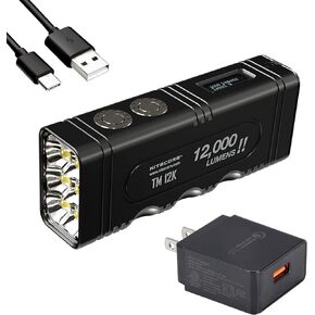 Nitecore TM12K High Lumen Flashlight, 12,000 Lumen LED USB-C Rechargeable with Digital Display and Lumentac Charger Adapter
