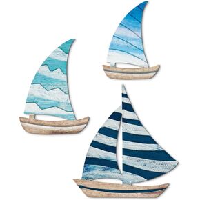 Putuo Decor 3 Pcs Wooden Sailboat Wall Decor Beach Nautical Coastal Sailboat Wall Sculpture Wood School of Sailboat Wall Art Hanging Sailboat Lake House Ocean Decor Vintage Ornaments for Home Bathroom