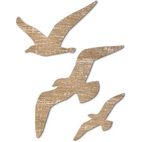 Putuo Decor 3Pcs Wood Seagull Wall Decor, Wooded Beach Nautical Coastal Theme Wall Art Hanging Seagull Wall Sculpture, Sea Birds Lake House Ocean Decor Vintage Ornaments for Home Bathroom