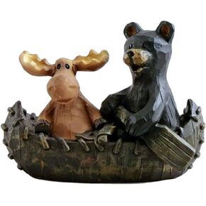 The Bridge Collection Canoeing Moose & Black Bear Figurine in a Wood Carved Style - Unique Tabletop Decoration for Cabin, Lodge Home Decor