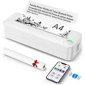 Relassy Portable Printers Wireless for Travel, Inkless Bluetooth Printer for iOS Android Tablet Phone Laptop PC, Compact Printer with A4 Thermal Roll Paper for Home Vehincles Office Business School