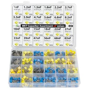 nF values - MKT Polyester Box Capacitor Kit Assortment 350 pcs 24 values 63V, all nF values, 1nF, 1.2nF, 2.2nF, 2.7nF, 3.3nF, 4.7nF 10nF, 12nF, 15nF, 18nF, 27nF, 33nF, 39nF, 47nF, 56nF, 68nF, 82nF etc