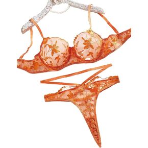Lace Embroidered Patterned Sexy Lingerie Two Piece Set,Orange