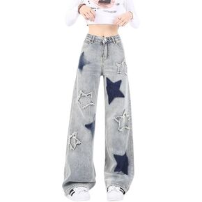 Cute Jeans for Women Girls Star Patchwork Pants Y2K High Waisted Straight Leg Baggy Jean Casual Preppy Clothes.