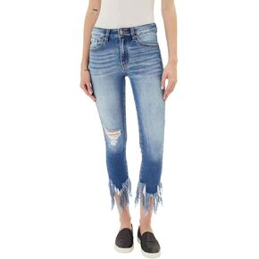 Kancan Women's Mid Rise Distressed Fringed Hem Ankle Skinny - KC9169