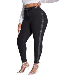 Womens High Waisted Stretch Skinny Jean Plus Size Side Rhinestone Denim Pants