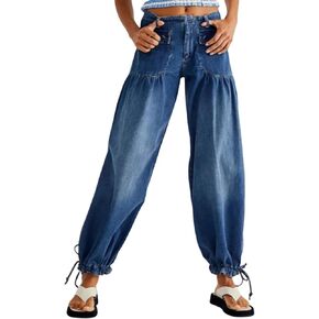 Women's Casual Mid Waist Cargo Jeans Stretch Parachute Denim Pants with Pockets