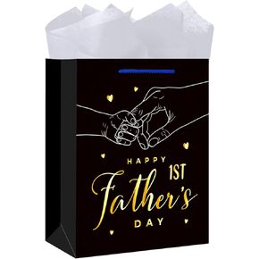 BIZIBAFF First Father's Day Gift Bag With Tissue Paper 13" Large Father's Day Paper Bags with Handle Happy 1st Father's Day Gift Bag from Baby for First Time Dad New Dad Daddy Present Wrapping Party