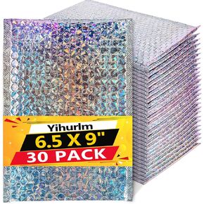 Holographic Bubble Mailers,30 Pcs Metallic Bubble Mailers,6.5 x 9 Inch Poly Padded Envelopes,Waterproof Self Sealing Cushion Envelopes for Mailing Shipping Packing and Small Business