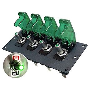 MGI SpeedWare 4 LED Toggle Switch Panel 12vDC, Steel with Powder Coat Black, Safety Covers (Green)