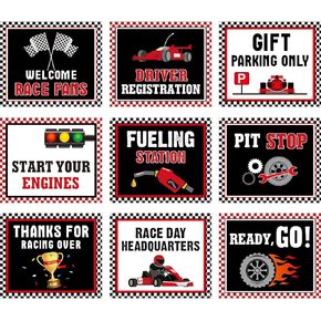 9 Pieces Racing Car Party Decorations, Race Sign Black Laminated Signs, Car Theme Party Signs, Race Car Birthday Party Supplies, Paper Cutouts with 40 Glue Point