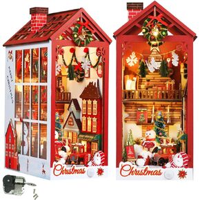 Christmas DIY Book Nook with LED Lights, ROCOXIA 3D Wooden Puzzles，Built-in Sensor Switch and Music Box - Miniature Building Kit for Ages 15+