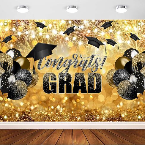 Avezano Congrats Grad Backdrop Black Gold Glitter Graduation Party Decorations Photography Background Class of 2024 Celebration Prom Party Photoshoot Photobooth (7x5ft) in Saudi Arabia