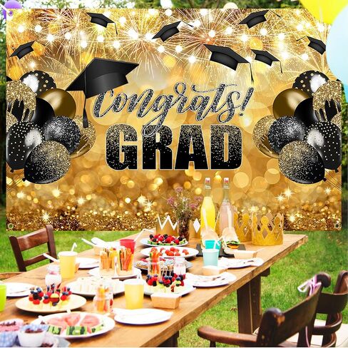 Avezano Congrats Grad Backdrop Black Gold Glitter Graduation Party Decorations Photography Background Class of 2024 Celebration Prom Party Photoshoot Photobooth (7x5ft) in Saudi Arabia