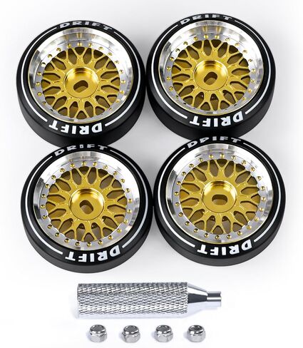 4 Pcs Rc Drift Wheels & Logo Drift Tires for 1/24 1/28 Wltoys, [2N+2W] Aluminum Alloy Rims with Rc Drift Car Tires for 1/24 1/28 Mini-Q Mini-D TG Racing Wltoys K969 K989 284131 (Gold) in Saudi Arabia
