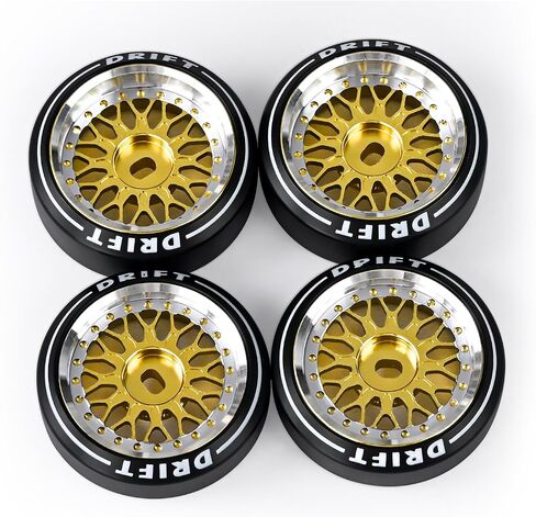 4 Pcs Rc Drift Wheels & Logo Drift Tires for 1/24 1/28 Wltoys, [2N+2W] Aluminum Alloy Rims with Rc Drift Car Tires for 1/24 1/28 Mini-Q Mini-D TG Racing Wltoys K969 K989 284131 (Gold) in Saudi Arabia