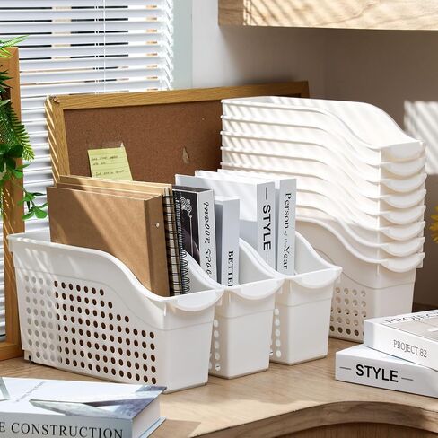 24 Packs Large Book Bins with Wheels Plastic File and Binder Holders White Hollowed Magazine Books Storage Organizers for Home Classroom School Office Supplies in Saudi Arabia