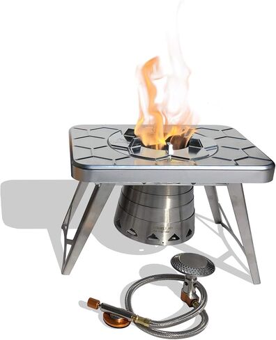 حزمة nCamp Kitchen to Go مكونة من 5 قطع، موقد تخييم محمول مدمج متعدد الوقود، محول بروبان ISO، سطح إعداد لوح تقطيع الخيزران المرتفع، ماكينة صنع القهوة في المقهى، حقيبة حمل، للتخييم in Kuwait