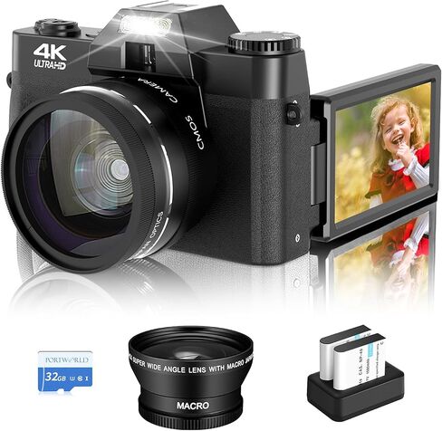 4K Digital Camera for Photography Autofocus, 48MP Vlogging Camera for YouTube with WiFi, 3-inch 180-degree Flip Screen, 16X Digital Zoom, 52mm Wide Angle & Macro Lens, 32GB TF Card and 2 Batteries in Kuwait