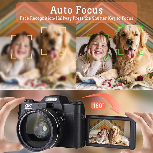 4K Digital Camera for Photography Autofocus, 48MP Vlogging Camera for YouTube with WiFi, 3-inch 180-degree Flip Screen, 16X Digital Zoom, 52mm Wide Angle & Macro Lens, 32GB TF Card and 2 Batteries in Kuwait
