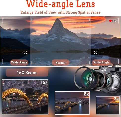 4K Digital Camera for Photography Autofocus, 48MP Vlogging Camera for YouTube with WiFi, 3-inch 180-degree Flip Screen, 16X Digital Zoom, 52mm Wide Angle & Macro Lens, 32GB TF Card and 2 Batteries in Kuwait