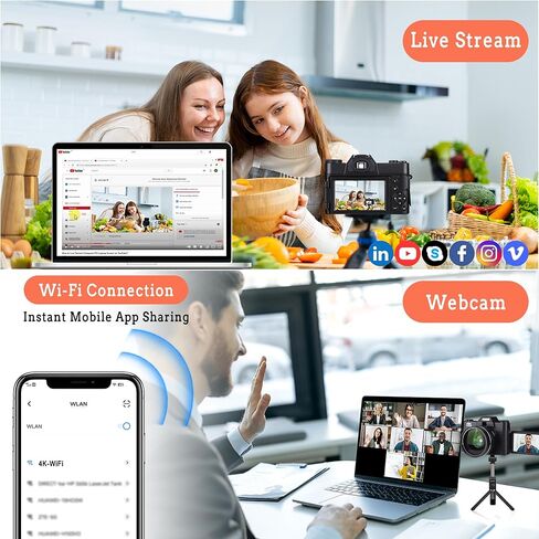 4K Digital Camera for Photography Autofocus, 48MP Vlogging Camera for YouTube with WiFi, 3-inch 180-degree Flip Screen, 16X Digital Zoom, 52mm Wide Angle & Macro Lens, 32GB TF Card and 2 Batteries in Kuwait