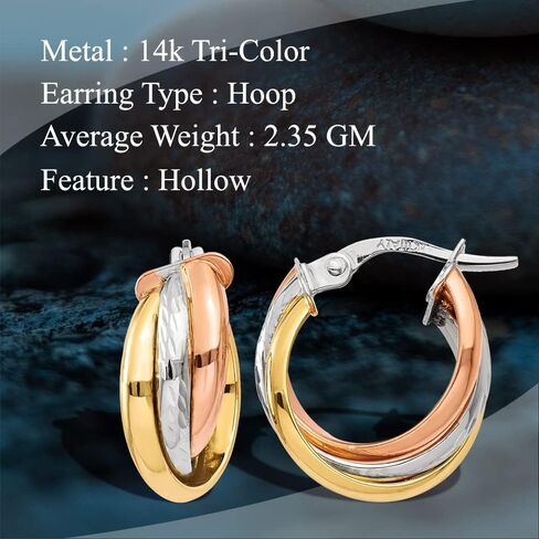 Diamond2Deal 14k Yellow Gold Tri-Color Hoop Earring Fine Jewelry for Women (L-21 mm W-6 mm) in Saudi Arabia