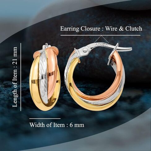 Diamond2Deal 14k Yellow Gold Tri-Color Hoop Earring Fine Jewelry for Women (L-21 mm W-6 mm) in Saudi Arabia