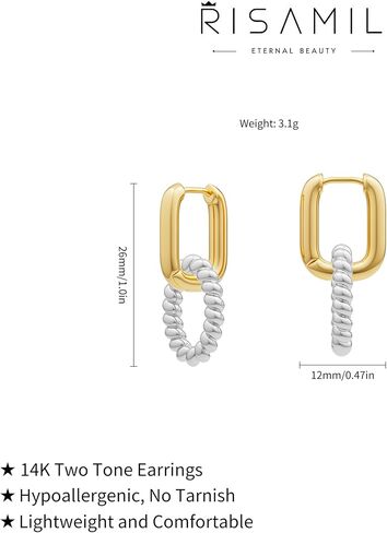أقراط دائرية من الذهب والفضة للنساء، 14 قيراط أقراط دائرية بدرجتين من اللون للنساء أقراط دائرية مزدوجة مكتنزة لا تسبب الحساسية مجوهرات هدايا للنساء والفتيات المراهقات in Saudi Arabia