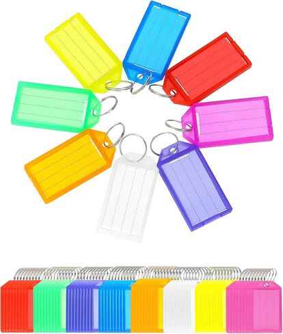 QWORK Clear Plastic Key Tags, 80 Pcs 2in Flexible Key Organizer with Split Ring and Blank Paper Label Window, Clear Storage Box for ID Name Item Identifiers Key Chain Tag Luggage Tag (8 Colors) in Saudi Arabia