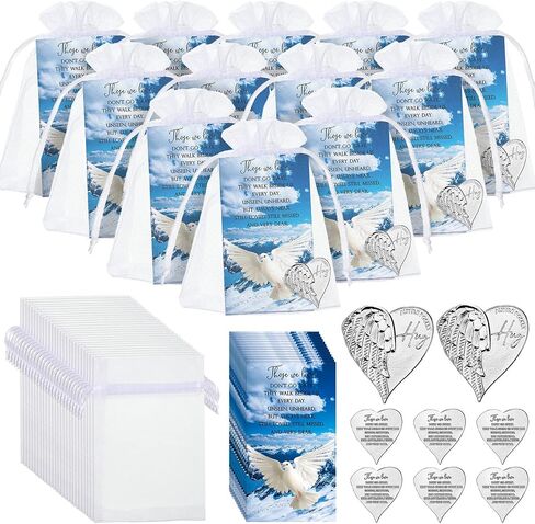 Memorial Angel Sign Coins Set Funeral Pocket Token Lucky Pocket Angel Coins Heart Pocket Hug Token Poem Cards Funeral Prayer Cards White Organza Bags Gift Bag Angel Charms for Family(150 Pieces) in Saudi Arabia