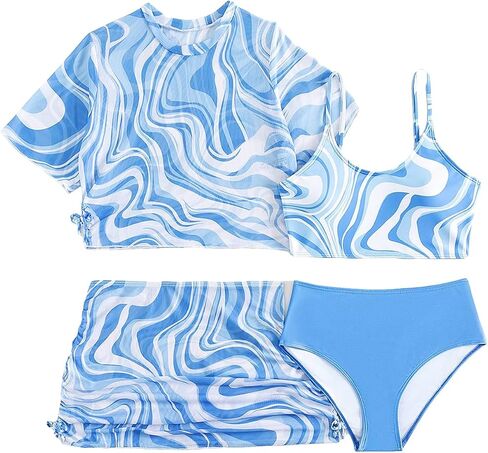 OYOANGLE Girl's 4 Piece Bikini Sets All Over Print Spaghetti Straps Scoop Neck Swimsuits with Mesh Cover Ups in Saudi Arabia