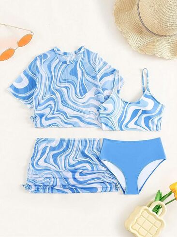 OYOANGLE Girl's 4 Piece Bikini Sets All Over Print Spaghetti Straps Scoop Neck Swimsuits with Mesh Cover Ups in Saudi Arabia