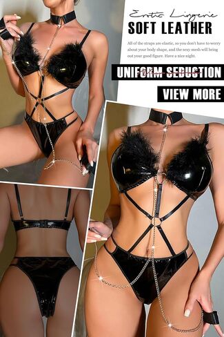ADSEXY Lingerie Set for Women Sexy Bodysuit Deep V Patent Leather Teddy Babydoll Nightgown with Bra and Chain in Saudi Arabia