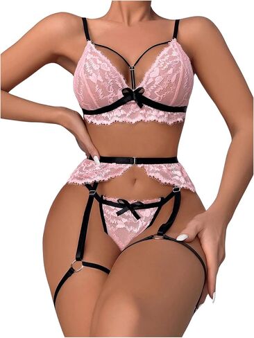 SOLY HUX Women's Lingerie Set with Garter Belt 3 Piece Lace Strappy Bra and Panty Set in Saudi Arabia