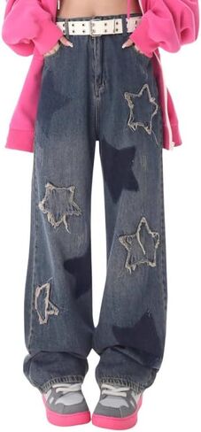 Cute Jeans for Women Girls Star Patchwork Pants Y2K High Waisted Straight Leg Baggy Jean Casual Preppy Clothes. in Saudi Arabia