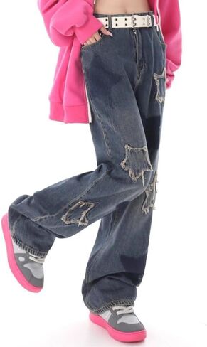 Cute Jeans for Women Girls Star Patchwork Pants Y2K High Waisted Straight Leg Baggy Jean Casual Preppy Clothes. in Saudi Arabia