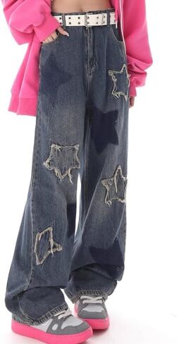 Cute Jeans for Women Girls Star Patchwork Pants Y2K High Waisted Straight Leg Baggy Jean Casual Preppy Clothes. in Saudi Arabia