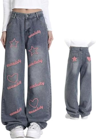 Cute Jeans for Women Girls Star Patchwork Pants Y2K High Waisted Straight Leg Baggy Jean Casual Preppy Clothes. in Saudi Arabia