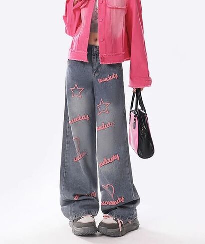 Cute Jeans for Women Girls Star Patchwork Pants Y2K High Waisted Straight Leg Baggy Jean Casual Preppy Clothes. in Saudi Arabia