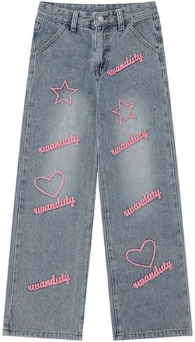 Cute Jeans for Women Girls Star Patchwork Pants Y2K High Waisted Straight Leg Baggy Jean Casual Preppy Clothes. in Saudi Arabia
