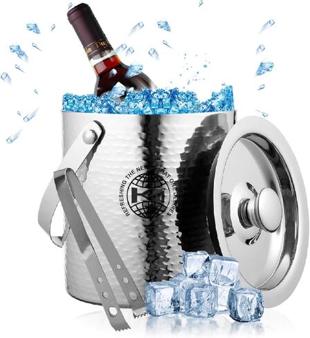 دلو ثلج مع غطاء، دلو ثلج أسود معزول لقضيب الكوكتيل مع ملقط ثلج، فولاذ مقاوم للصدأ بجدار مزدوج، 1.75 لتر، 1.84 كوارت، بارد مثلج لمدة 6 ساعات بمقبض (أسود) in Kuwait